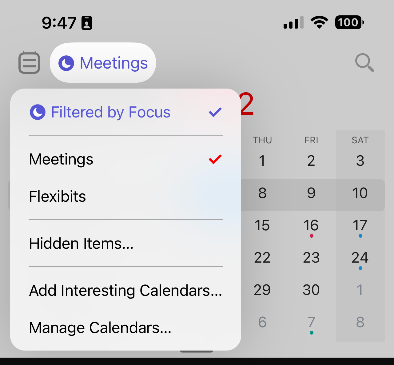 Focus filters in Fantastical